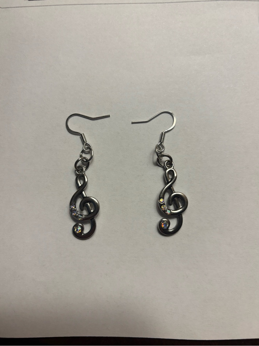 Silver Treble Clef Dangle Earrings with Iridescent Crystals